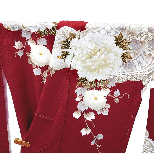 仕立て付き 正絹 振袖単品 f-012-t ワインレッド 菊 牡丹 刺繍入 新品