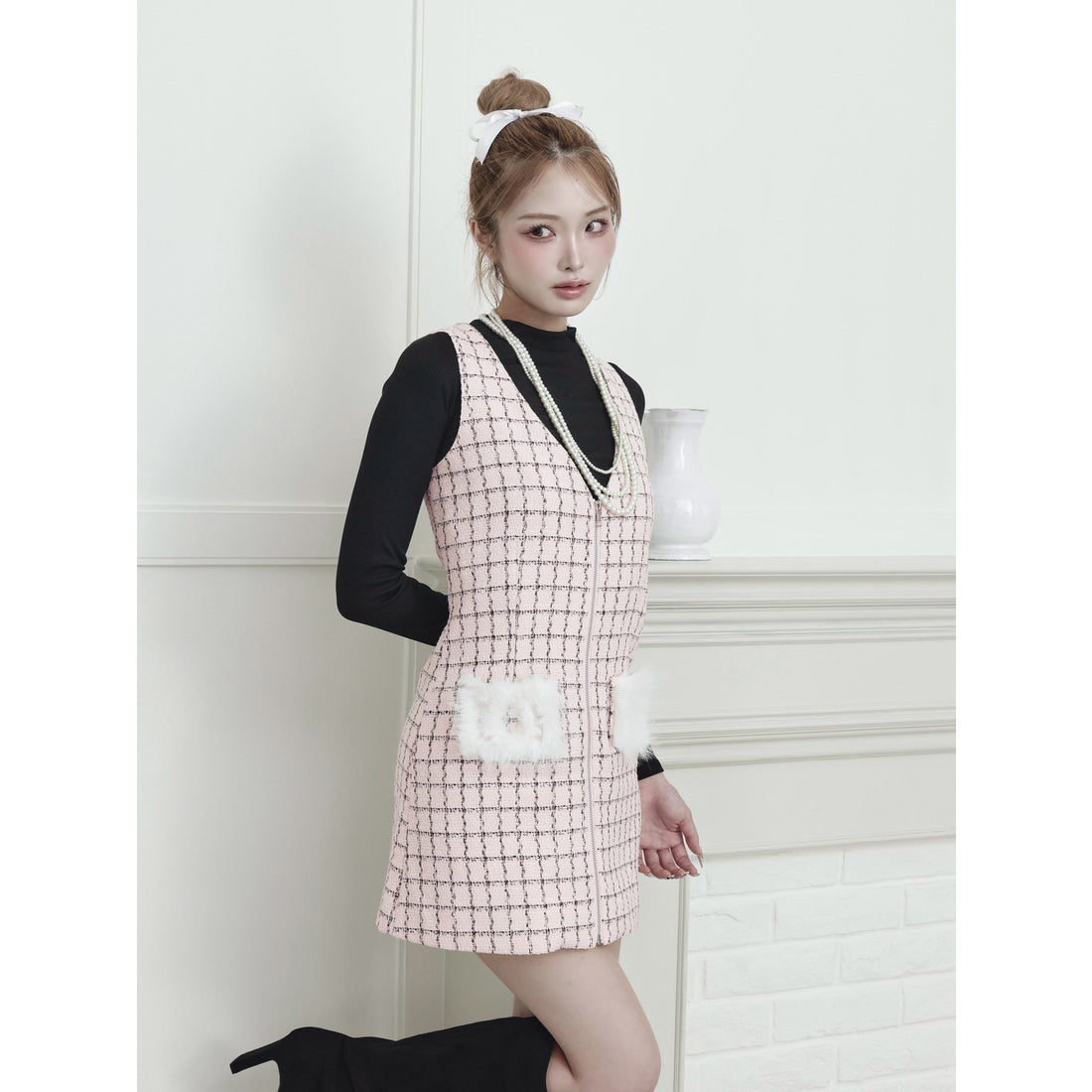 ダーリッチ Darich フロントファスナーツイードミニワンピース