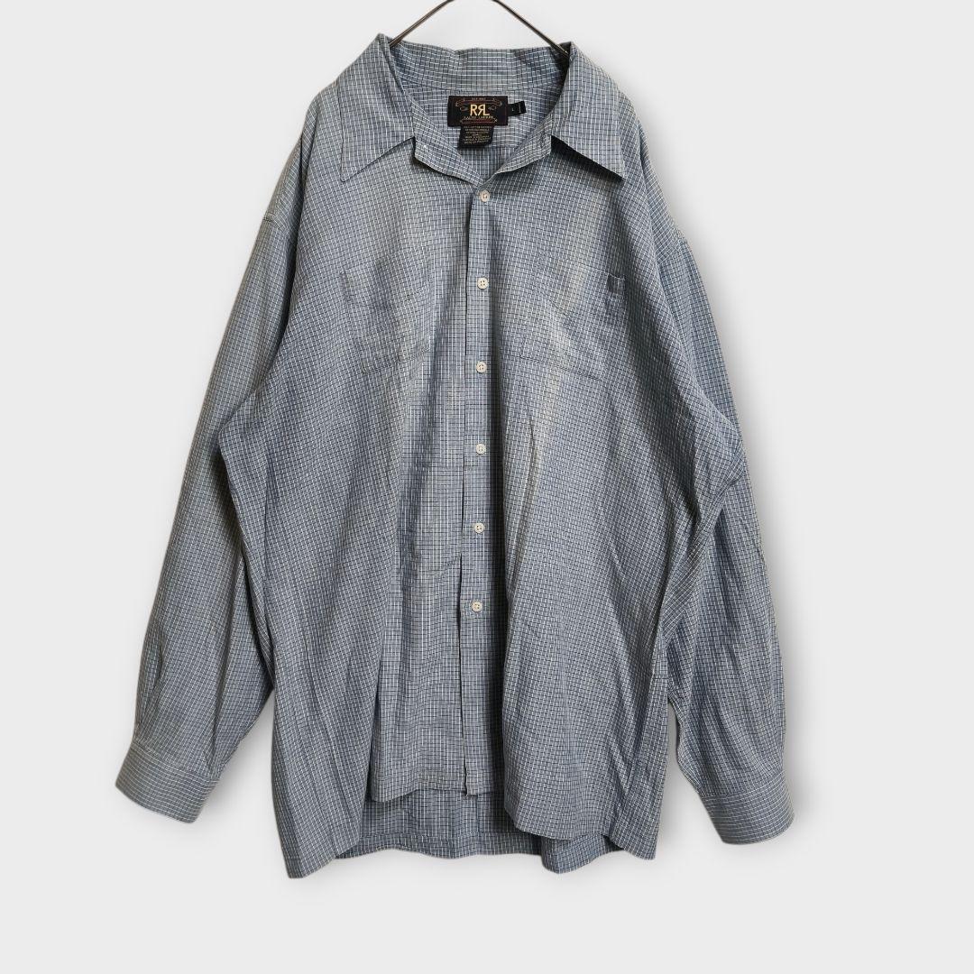 【希少】90s RRL 三ツ星タグ チェック長袖シャツ L ブルー 【A191】 RRL - 古着 RRL ダブルアールエル 90s 黒タグ 初期タグ 赤三ツ星